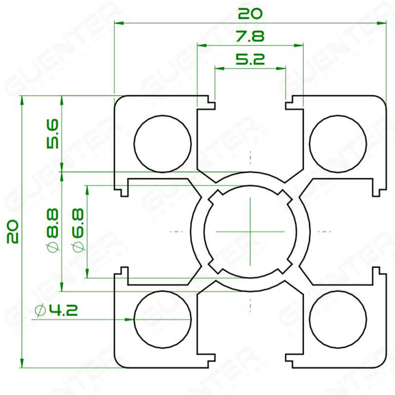 อลูมิเนียมโปรไฟล์ 20x20 mm Nut-Slot Dimension