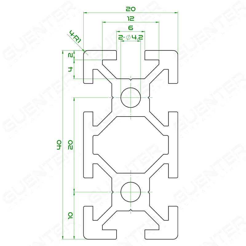 Aluminium Profile 20x40 T-Slot - Dimension - Guenter.co.th