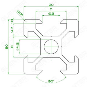 อลูมิเนียมโปรไฟล์ 20x20 V-Slot Aluminium Profile 20x20 V-Slot - Dimension - Guenter.co.th