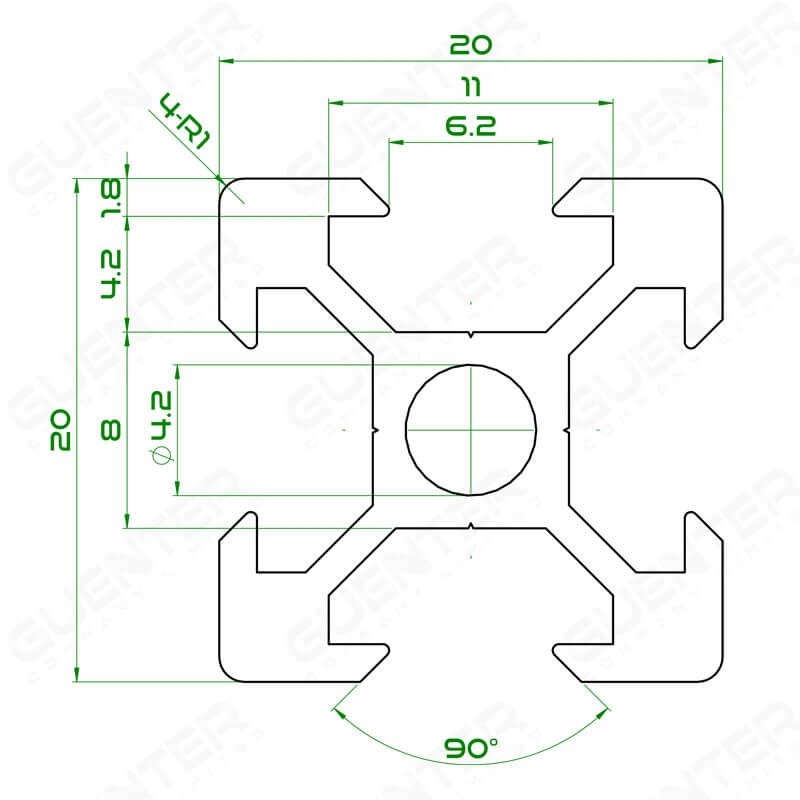 อลูมิเนียมโปรไฟล์ 20x20 V-Slot Black Aluminium Profile 20x20 Black - Dimension - Guenter.co.th