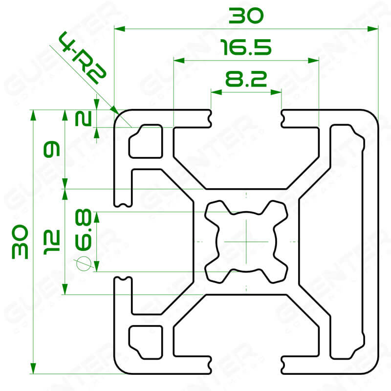 อลูมิเนียมโปรไฟล์ 30×30 1 Close ความยาว 6000 mm - Dimension - Guenter.co.th